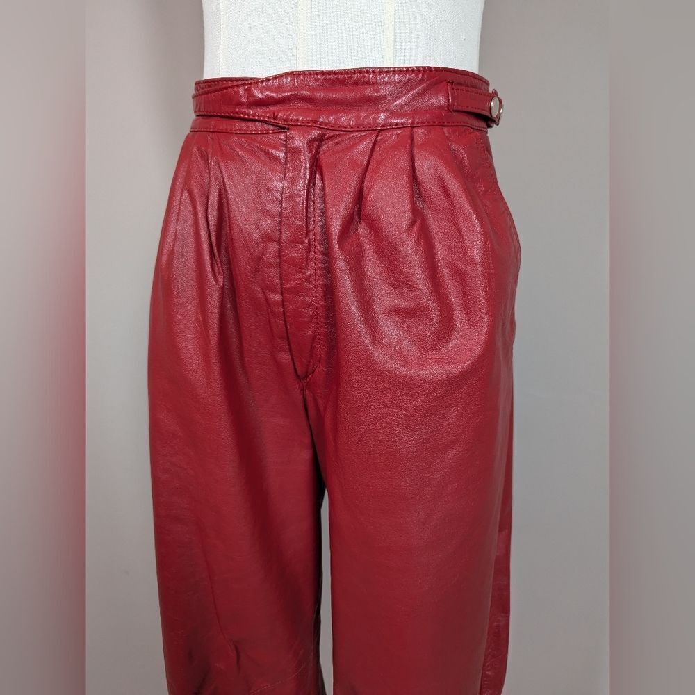 Vintage 80s Red High Waist Genuine Leather Pants Sz 5 Pleated Front - Picture 3 of 8